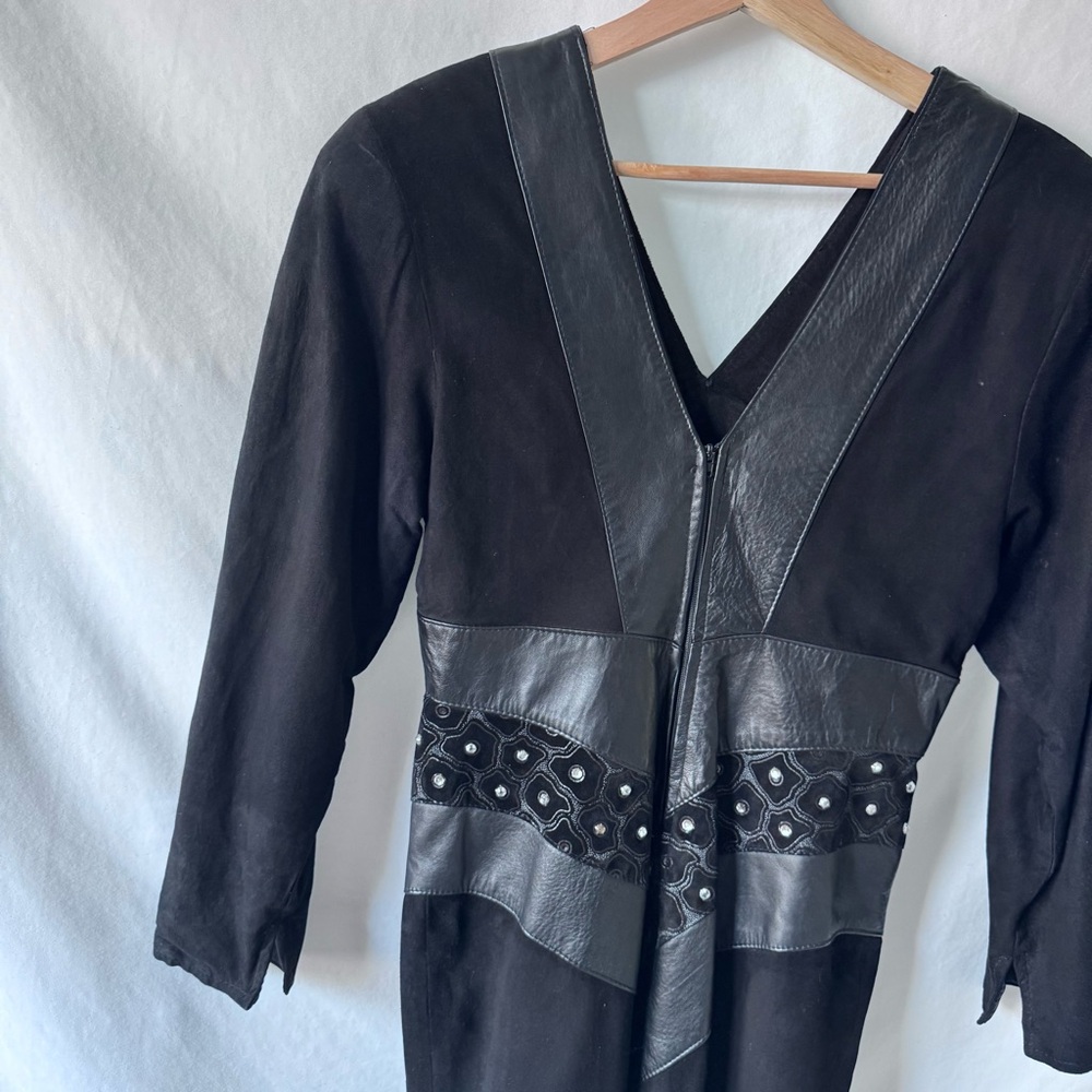 Vintage 1980s EREZ Leather Panel Evening Dress • Black Suede & Velvet • S/M - Picture 9 of 15